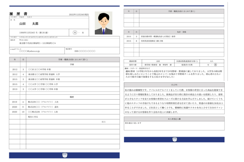 フリーターの就活で提出する履歴書の見本